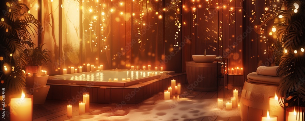 Tranquil Spa Retreat Hand-Drawn Illustration of a Cozy, Candlelit Wellness Sanctuary