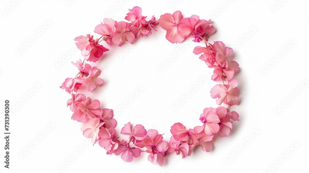 wreath of spring pink flowers petals isolated on white, pink petals ring circle frame.