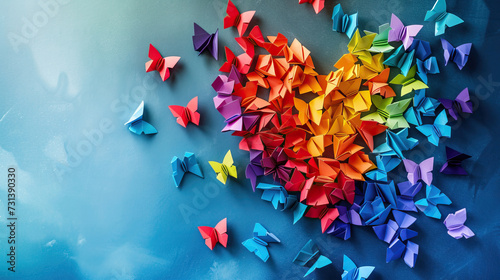 Origami butterflies made of colored paper form a heart.