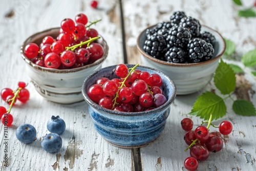 Wholesome berry assortment: Three bowls brimming with a colorful mix of berries on a white wooden tabletop
