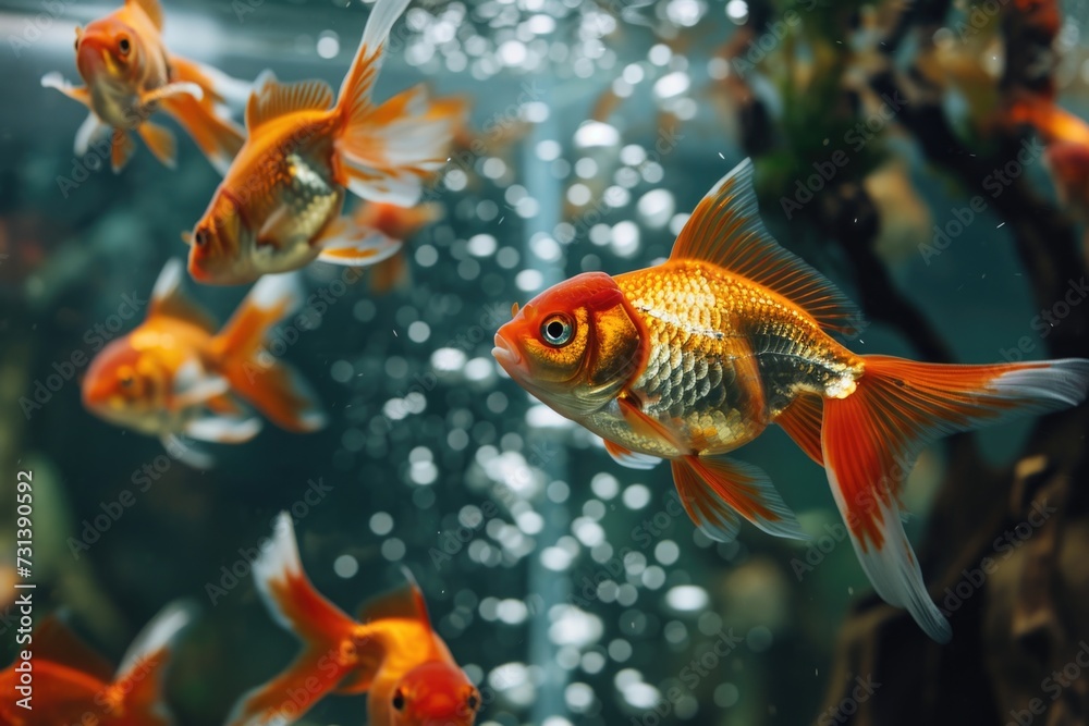 An energetic aquarium teeming with a variety of goldfish, showcasing their diverse sizes and dynamic movements. The presence of bubbles in the background hints at well-aerated water rich in oxygen