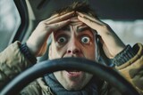 A shocked man sits behind the wheel, his head in his hands, signifying the accident, insurance, and emotional turmoil concept
