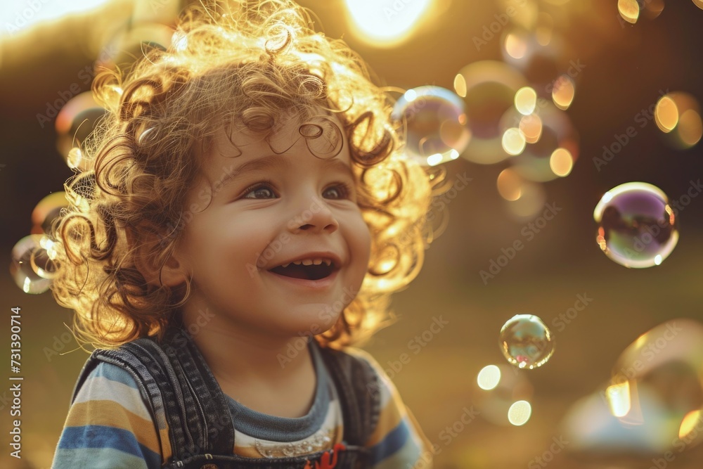 An adorable scene unfolds in this picture, featuring a young child with curly locks, their face beaming with happiness and delight An adorable scene unfolds in this picture, featuring a young child with curly locks, their face beaming with happiness and delight