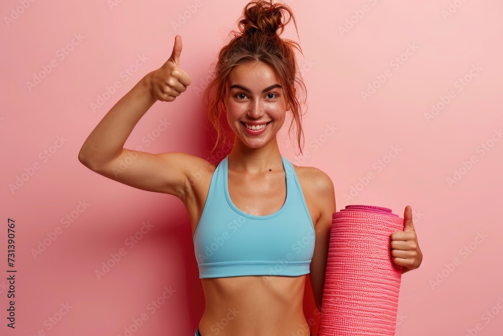 A fitness enthusiast in light blue activewear gives a thumbs-up with a vibrant coral yoga mat in hand, exuding positivity and energy. A fitness enthusiast in light blue activewear gives a thumbs-up with a vibrant coral yoga mat in hand, exuding positivity and energy.