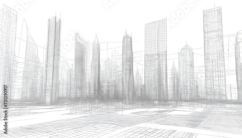 Abstract wireframe city background. Perspective 3D render of building wireframe. Vector.