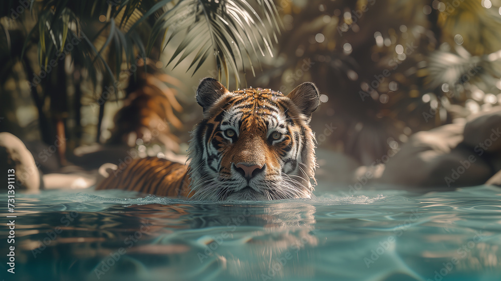 Tiger swims in the water in the jungle