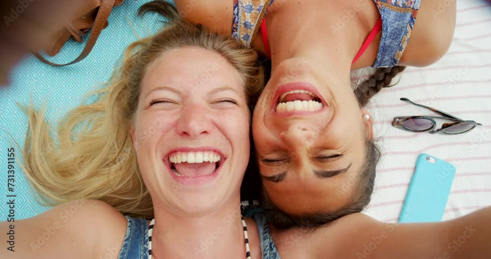 Selfie, funny and friends with woman on vacation for social media, memory and travel. Summer, adventure and holiday with people laughing on spring break for tourism, connection and explore together
