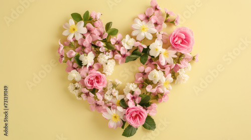 hearth made of pink and white flowers on a yellow background