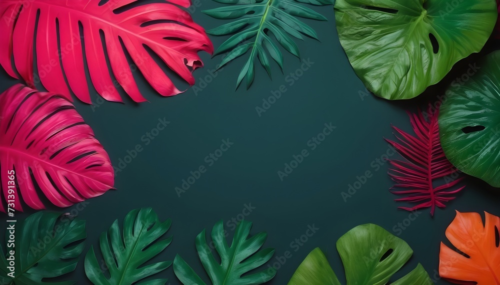Fototapeta premium Creative fluorescent color layout made of tropical leaves. Flat lay neon colors. Nature concept.