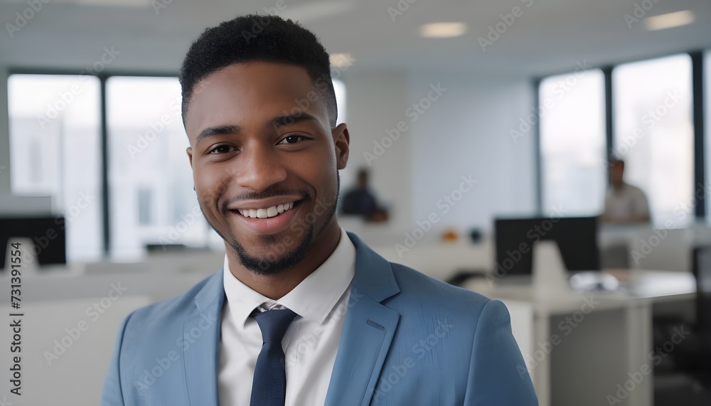 Friendly and smiling young african american professional businessman looking at camera in modern office Friendly and smiling young african american professional businessman looking at camera in modern office