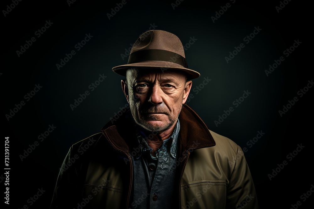 Portrait of an old man wearing a hat and jacket on a dark background. Portrait of an old man wearing a hat and jacket on a dark background.