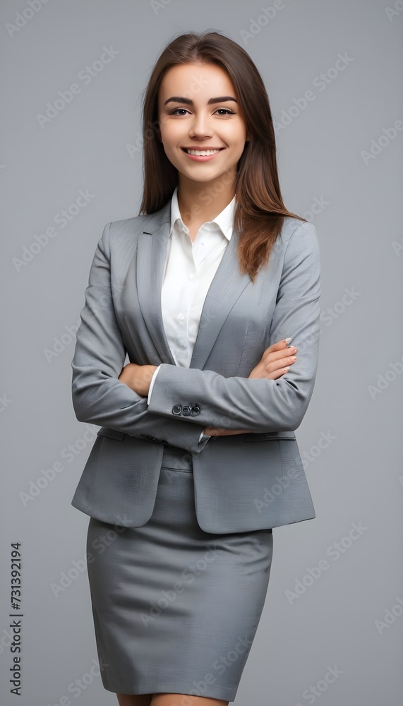 Happy young business woman posing isolated over grey wall background. Happy young business woman posing isolated over grey wall background.