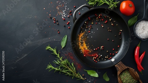 Frying pan empty with various spices in a black table, realistic, HD, copy space - generative ai photo