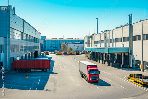 industrial park with several large factories and warehouses. There are trucks and shipping containers moving in and out of the area, and the sky is overcast