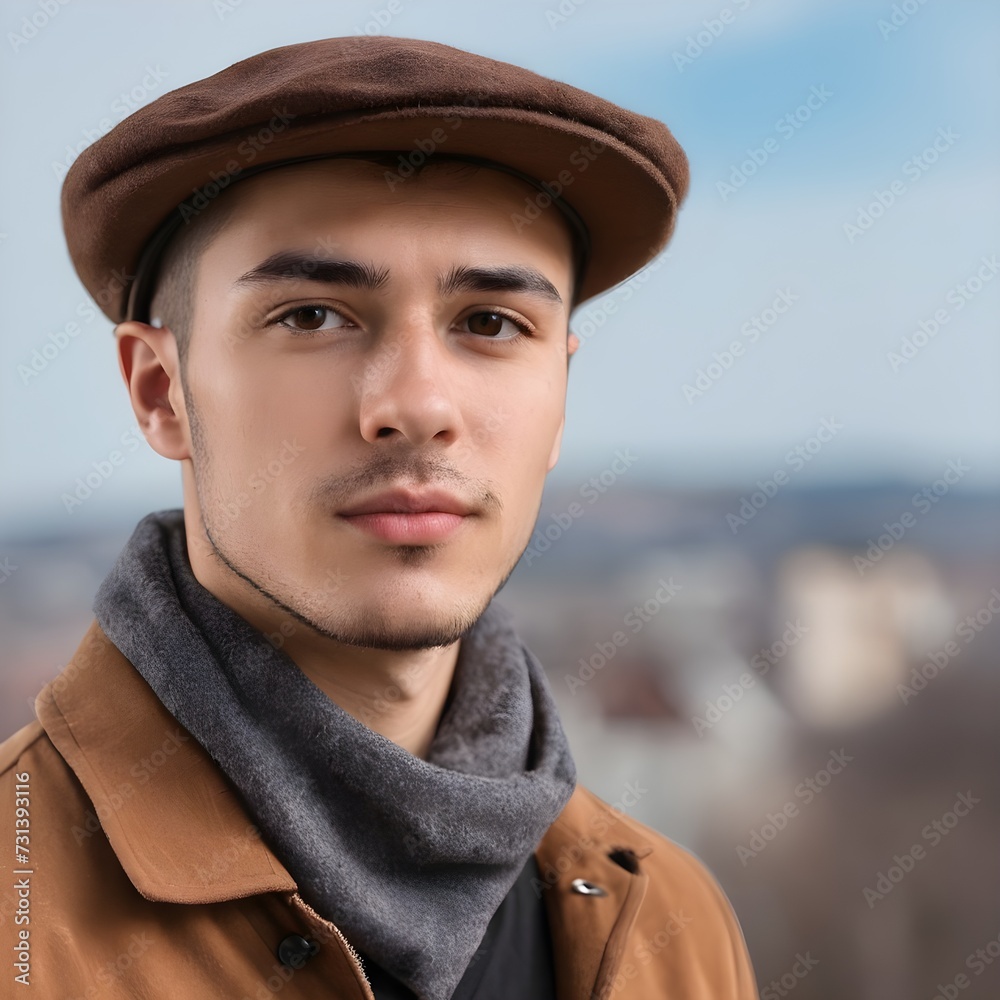 Young Man with a Brown Hat against a Blurred Background Young Man with a Brown Hat against a Blurred Background
