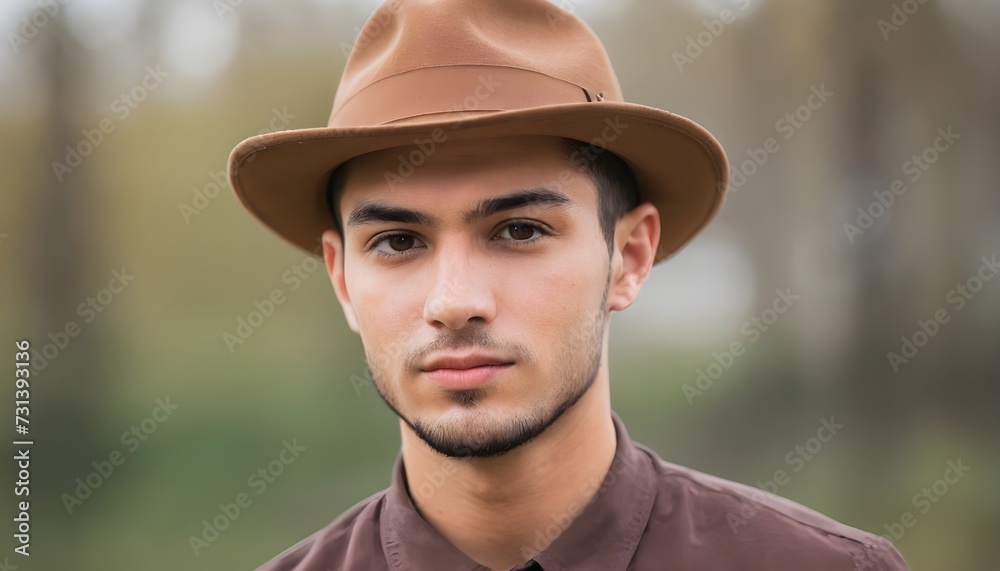 Young Man with a Brown Hat against a Blurred Background Young Man with a Brown Hat against a Blurred Background