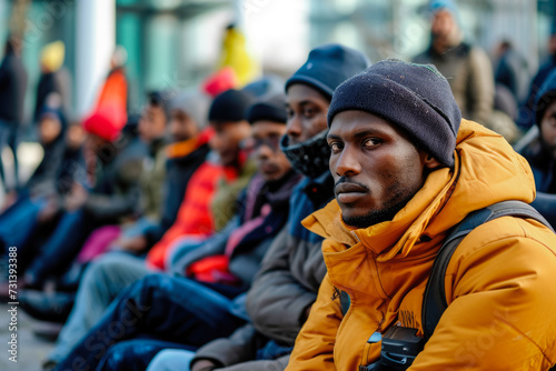 Migrants sitting in front of a city hall, protesting against corruption photo