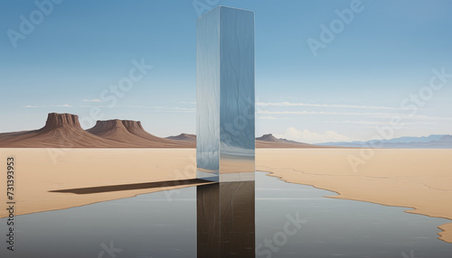 Reflective Monolith in Desert Landscape