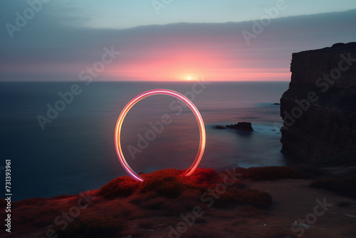 Neon Circle on Coastal Cliff at Sunset