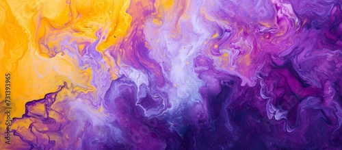 Purple and yellow acrylic paints create a colorful and abstract background resembling dancing underwater smoke and a burst of colors.