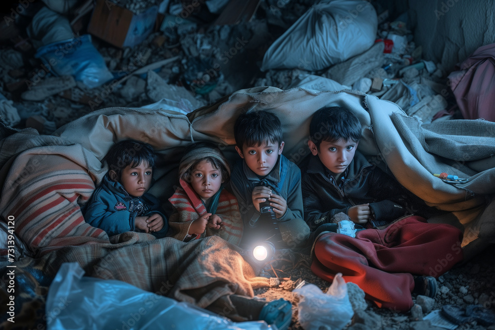 Young refugee children sit in the rubble after an air strike during the war with flashlights and toys under blankets. Evacuation, poverty, misery, childhood, refugee camp, tragedy, war.