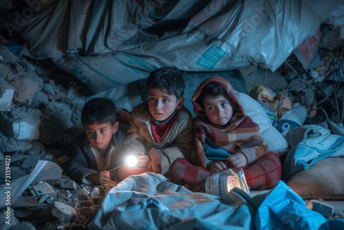 Young refugee children sit in the rubble after an air strike during the war with flashlights and toys under blankets. Evacuation, poverty, misery, childhood, refugee camp, tragedy, war.