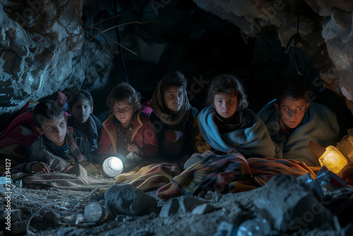 Young refugee children sit in the rubble after an air strike during the war with flashlights and toys under blankets. Evacuation  poverty  misery  childhood  refugee camp  tragedy  war.