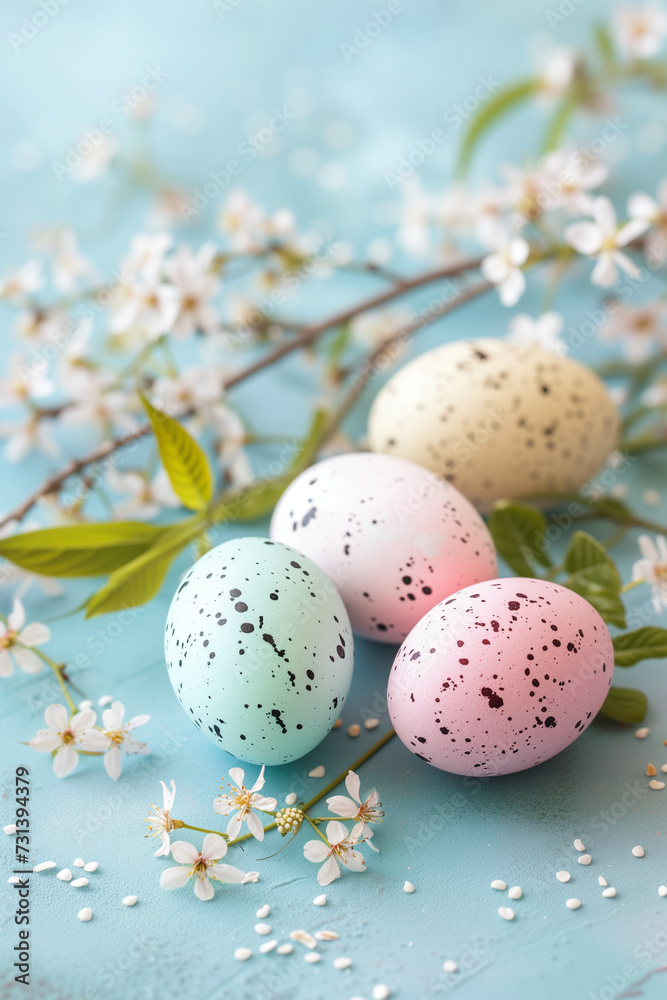 Colorful Easter eggs on blue background among spring flowers. Holiday concept. Background image for greeting card, spring postcard, banner, flyer, advertising.