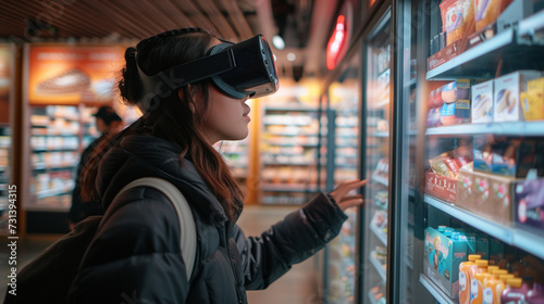 A woman stands amidst a physical aisle, VR headset on, illustrating the seamless integration of virtual reality in retail for a personalized shopping experience. photo