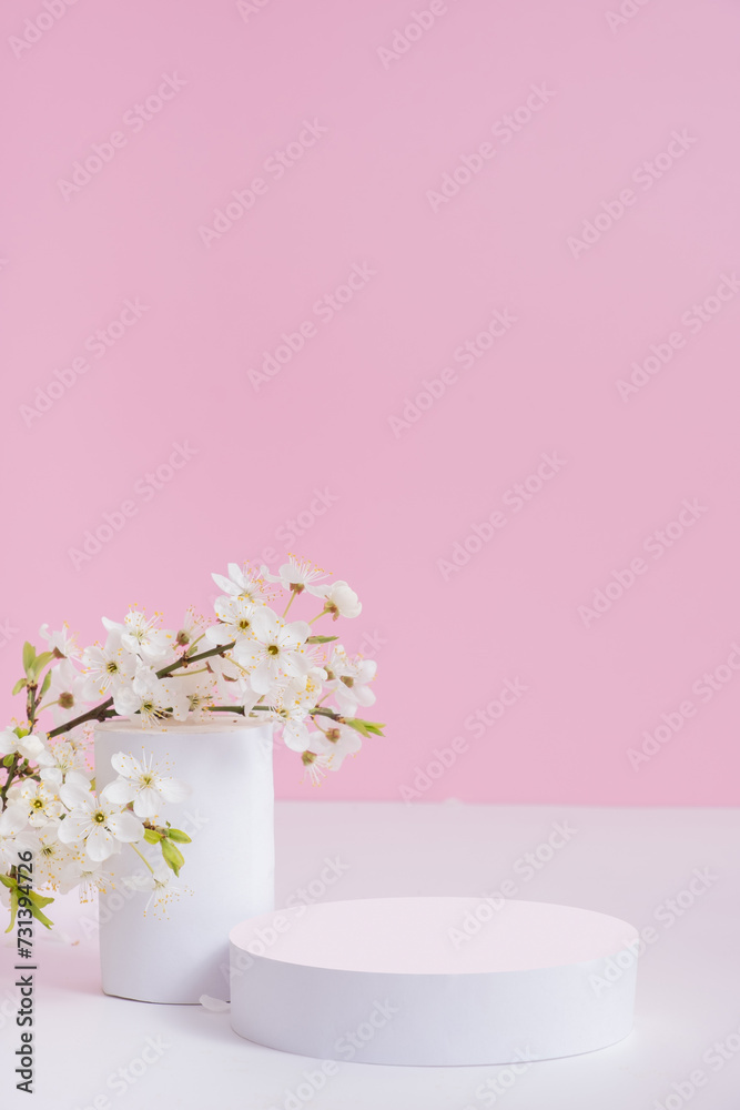 Empty podium or pedestal with spring bloom. Spring mock up for cosmetic products