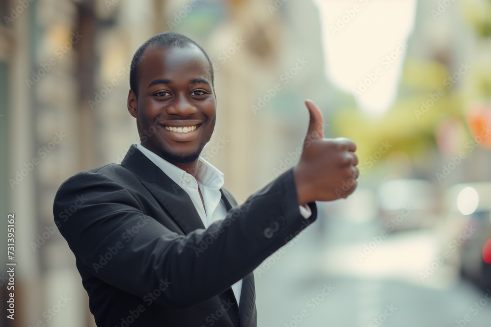 Young happy handsome smiling professional black businessman, happy confident positive male entrepreneur standing outdoor on street thumbs up, looking at camera, Young happy handsome smiling professional black businessman, happy confident positive male entrepreneur standing outdoor on street thumbs up, looking at camera,