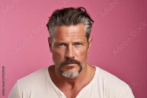Portrait of handsome mature man with grey beard and mustache, looking at camera, isolated over pink background © Inigo