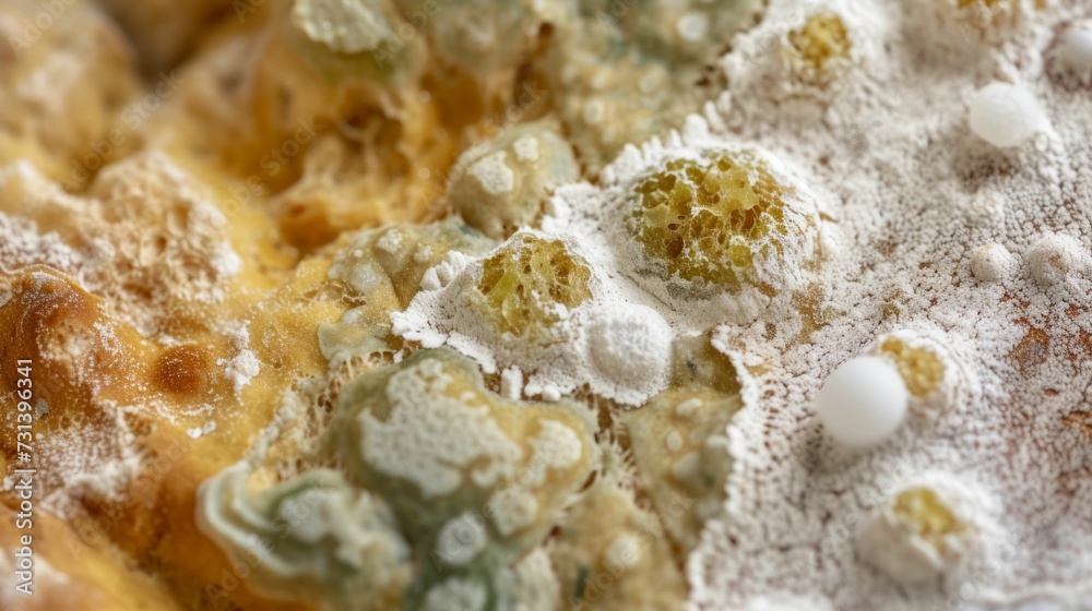 Macro shot of mold growth on bread, detailed texture, hints of green and white Macro shot of mold growth on bread, detailed texture, hints of green and white