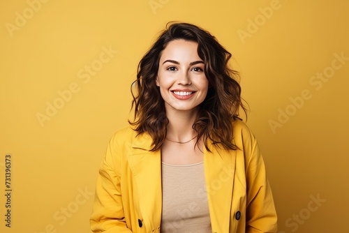 beautiful smiling young woman in yellow jacket looking at camera isolated on yellow