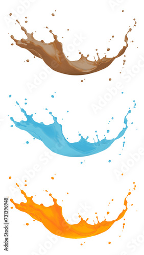 liquid splash with curved flow in blue, orange and brown color