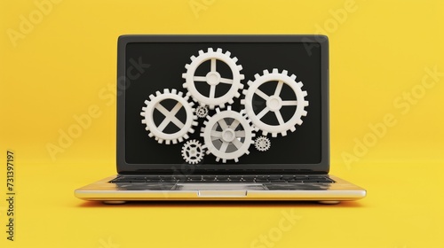 Laptop and white gears on yellow background, teamwork concept