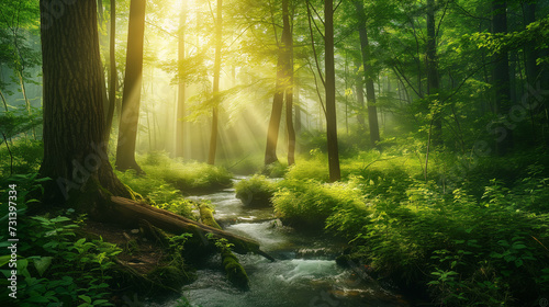 Sunbeams pour through the canopy of a vibrant green forest  illuminating the foliage and a gentle stream flowing over rocks.