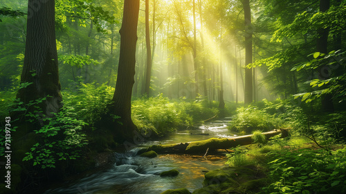 Sunbeams pour through the canopy of a vibrant green forest, illuminating the foliage and a gentle stream flowing over rocks. © Sunshine