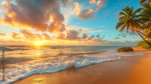 A breathtaking sunset view over a tropical beach, with gentle waves caressing the shore and palm trees silhouetted against the vibrant sky.