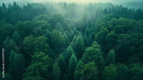 Aerial view of a dense green forest shrouded in mystical fog  with the treetops creating a tranquil and ethereal landscape.