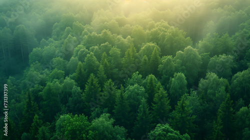 Aerial view of a dense green forest shrouded in mystical fog, with the treetops creating a tranquil and ethereal landscape.