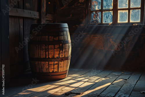 Wooden wine barrel with metal rusty rims in an old room in the rays of the sun
