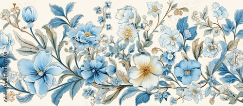 European-style botanical illustrations used in the ornamental wallpaper and embroidery of a fantasy home decoration, showcasing a floral pattern and architectural elements on interior and exterior