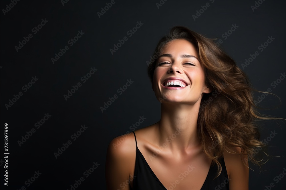 Portrait of a beautiful young woman laughing and looking up on a dark background