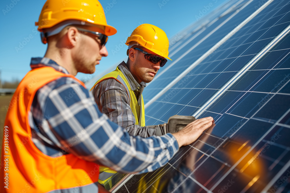 Two engineers in hard hats and reflective vests are meticulously inspecting solar panels at a solar power plant. Two engineers in hard hats and reflective vests are meticulously inspecting solar panels at a solar power plant.