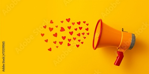 Megaphone and hearts icons on yellow background, marketing concept