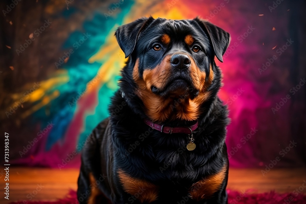 Fototapeta premium Portrait of powerful rottweiler puppy in vibrant colorful background.