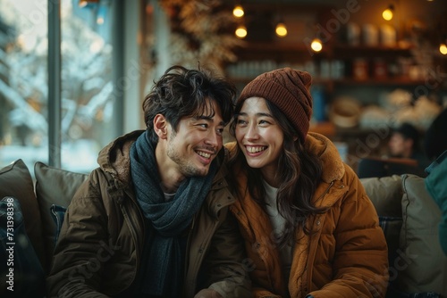 A smiling couple in winter clothes sitting closely in a cozy café setting. 