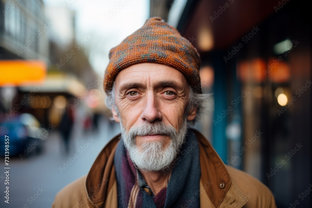 Portrait of an elderly man with a gray beard and a white beard on a city street