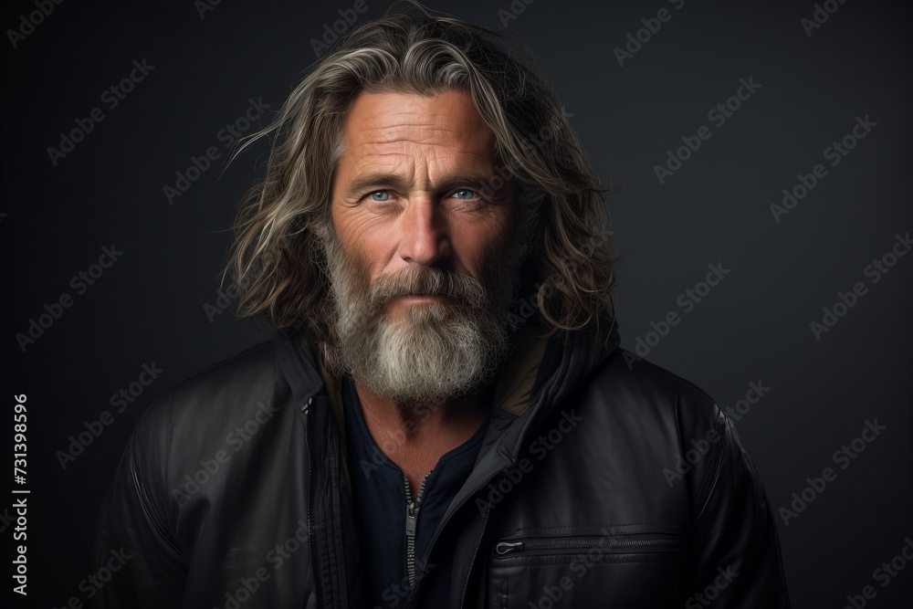 Portrait of a long-haired bearded man in a black leather jacket.